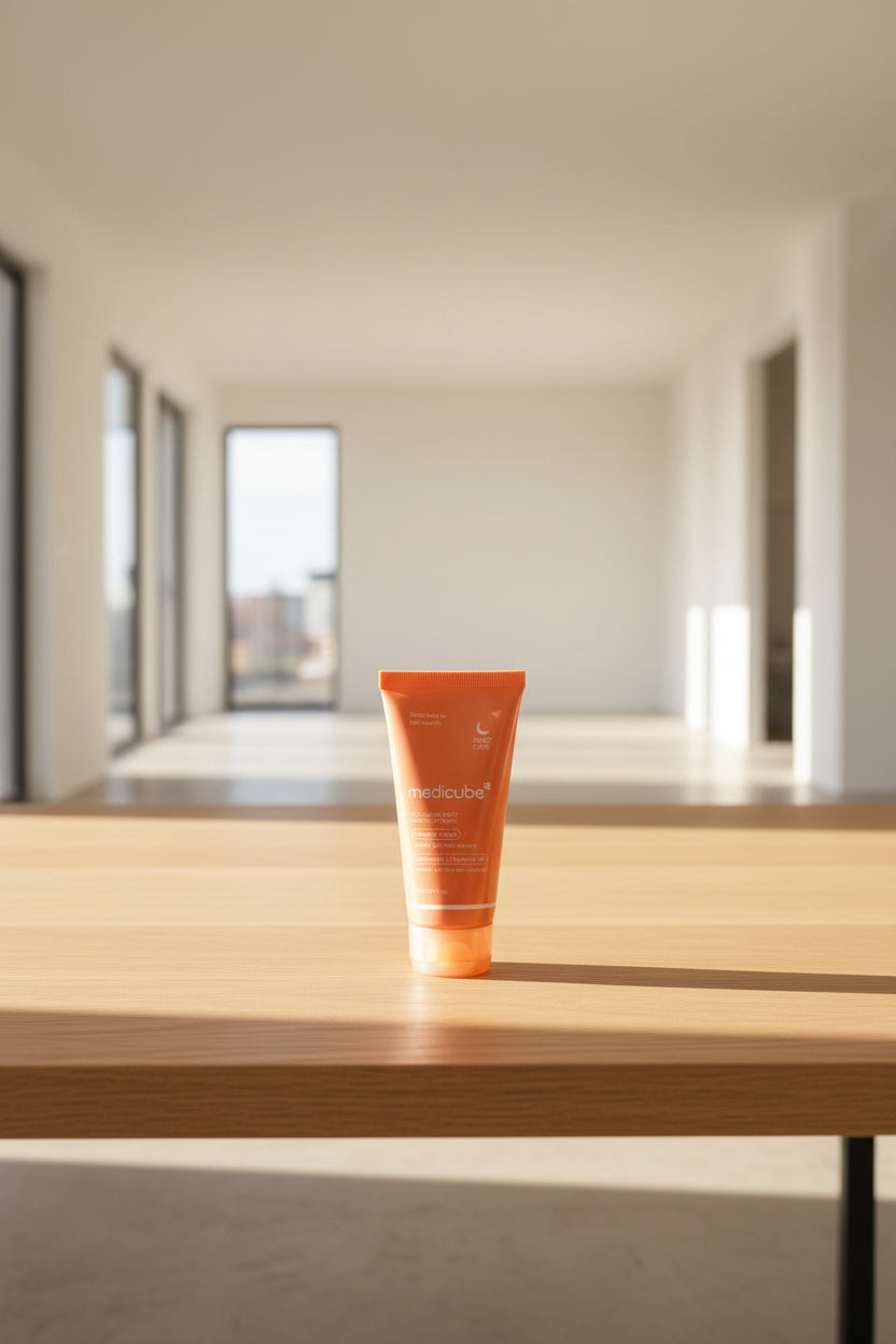 Orange tube of Medicube product on a wooden surface with blurred background